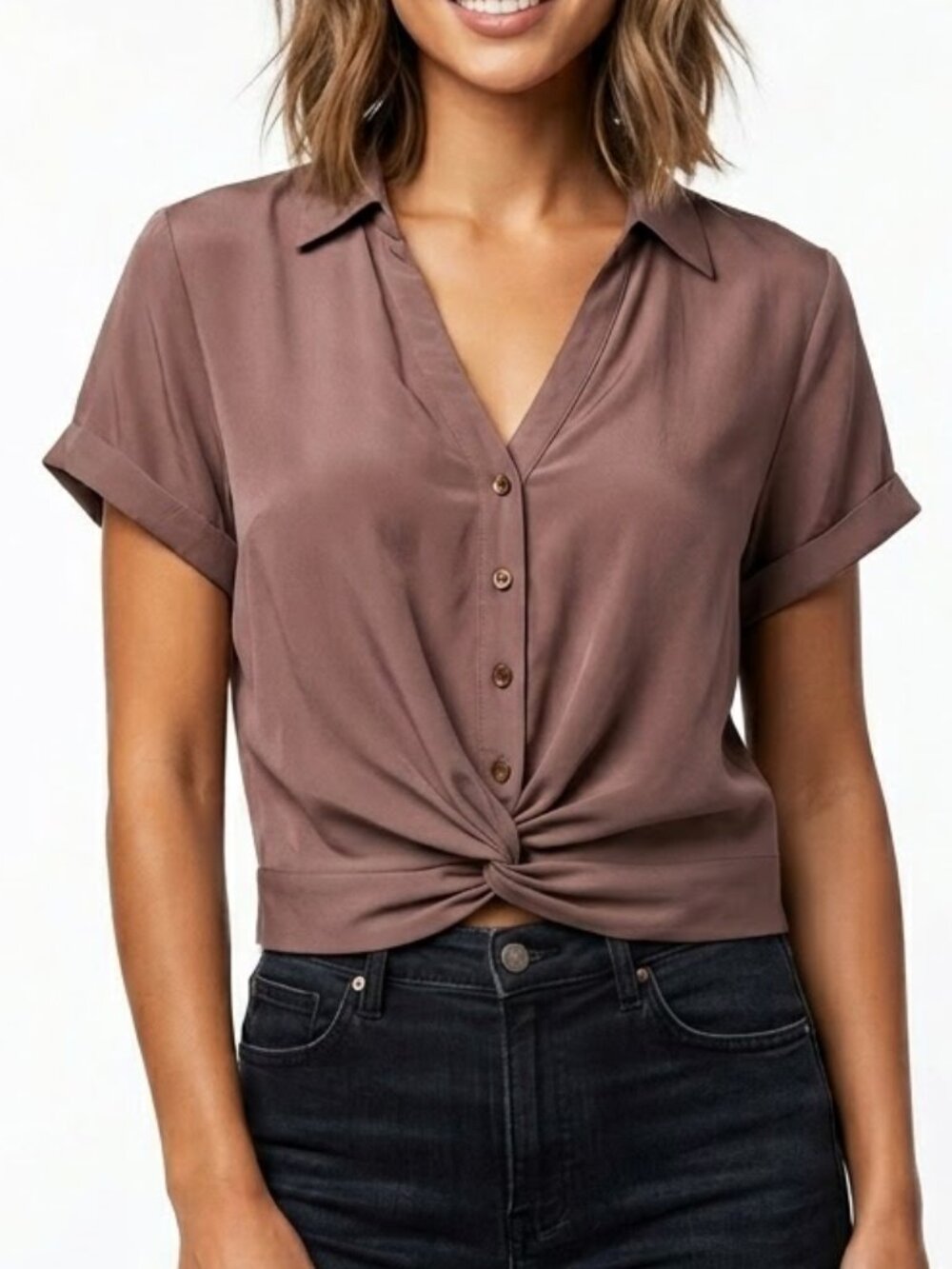 GBG Los Angeles Mauve Twist Front Cropped Button Up Shirt Boho Large